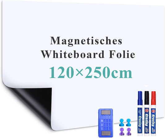 Magnetische Whiteboard Folie 120 x 250 cm, Magneetbord Zelfklevend, Magneetfolie Afwisbaar, Gemakkelijk op Maat Te Snijden, Voor Thuisschool, Met Markeerstiften, Whiteboardspons en Magneten.