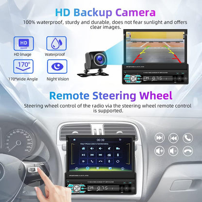 Podofo Autoradio 1 DIN Bluetooth Touchscreen Stereo Radio met Apple Carplay Android Auto, 7 Inch Opvouwbare Touchscreen Autoradio met FM Radio/Spiegellink + AHD Achteruitrijcamera