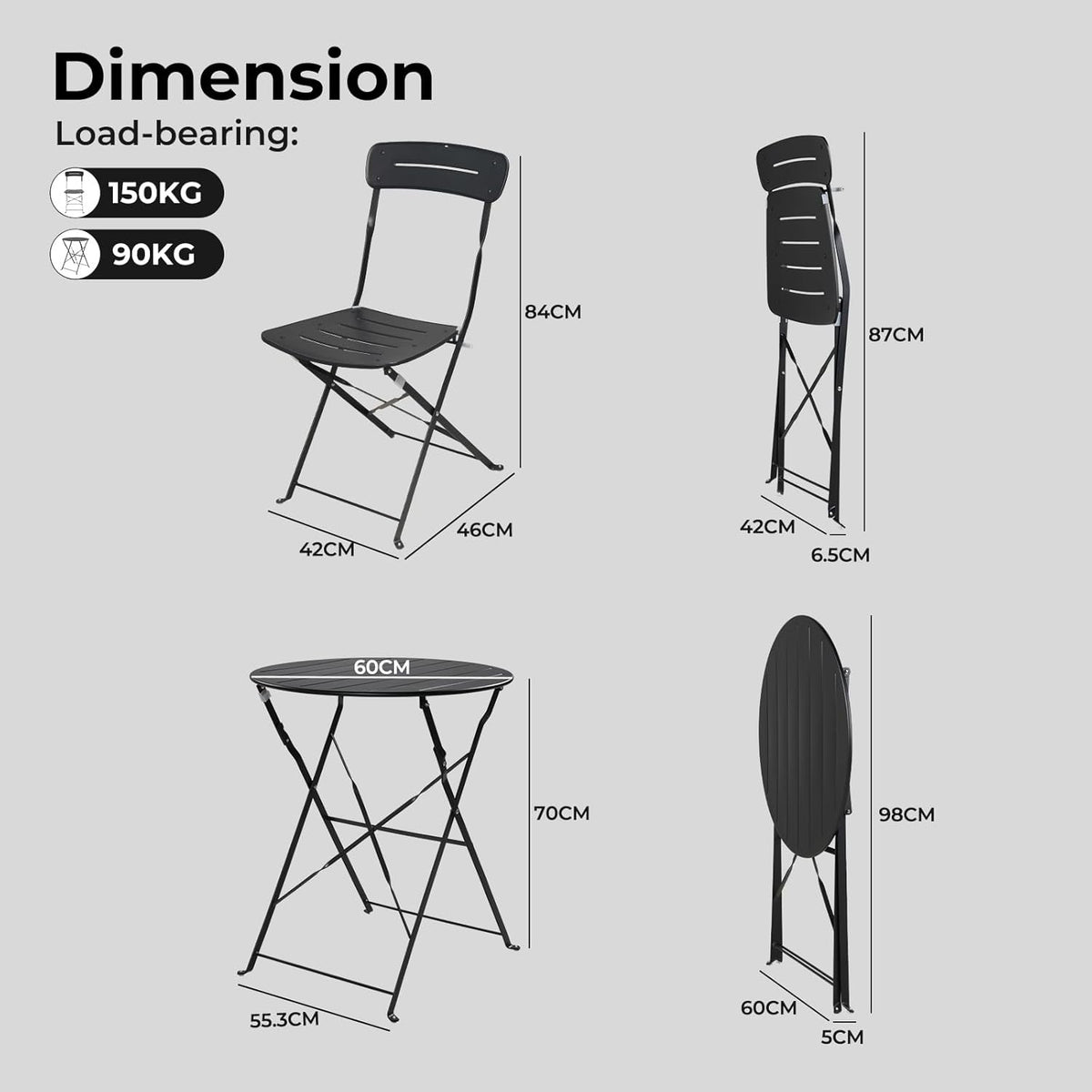 Grand patio Bistrotafel met 2 stoelen, balkonmeubelset, 3-delig, terrasmeubels, weerbestendig, bistroset, balkon, tuin, meubelset voor klein balkon (zwart)