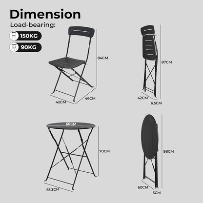 Grand patio Bistrotafel met 2 stoelen, balkonmeubelset, 3-delig, terrasmeubels, weerbestendig, bistroset, balkon, tuin, meubelset voor klein balkon (zwart)