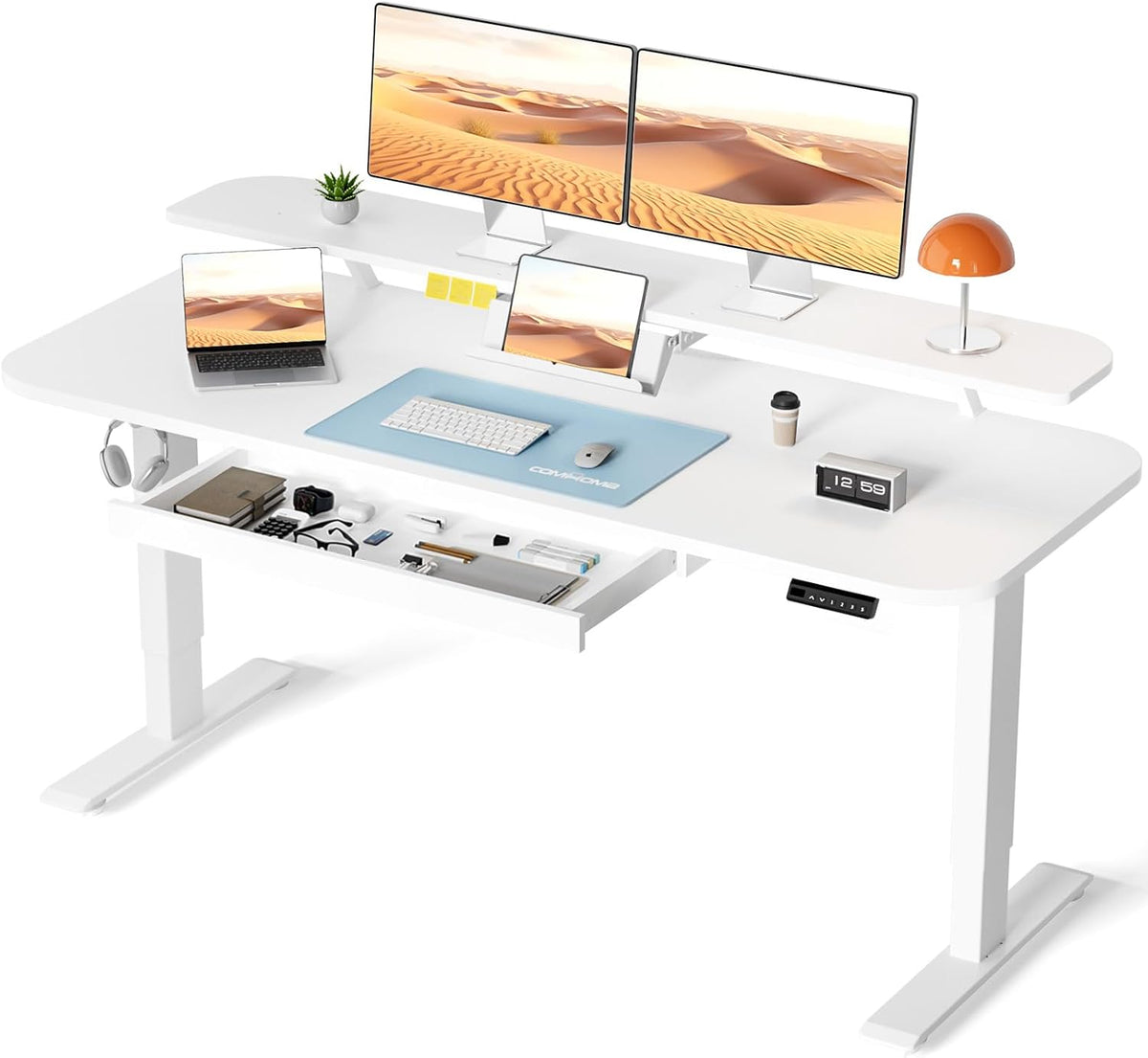 COMHOMA Height Adjustable Desk, Electric, 120 x 60 cm, with Drawers, Monitor Stand, Tablet Stand, with 3 Heights Memory Control, White