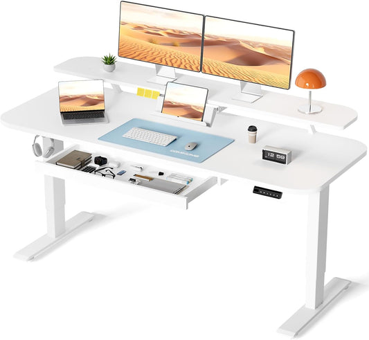 COMHOMA Height Adjustable Desk, Electric, 120 x 60 cm, with Drawers, Monitor Stand, Tablet Stand, with 3 Heights Memory Control, White