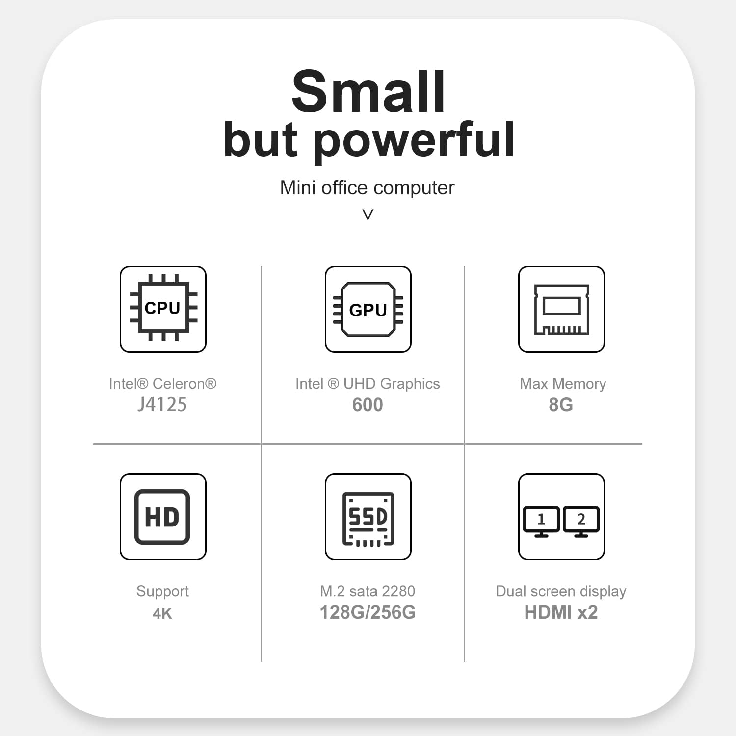KUYiA Mini PC, desktop computer, Windows10, business gaming home office, 8GB RAM128G SSDCeleronJ4125 up to 2.7GHz processor, supports 4K HDMI Dual WiFi 2.4G + 5.8G Ethernet 1000M USB 3.0X4 BT4.0 - QUORE