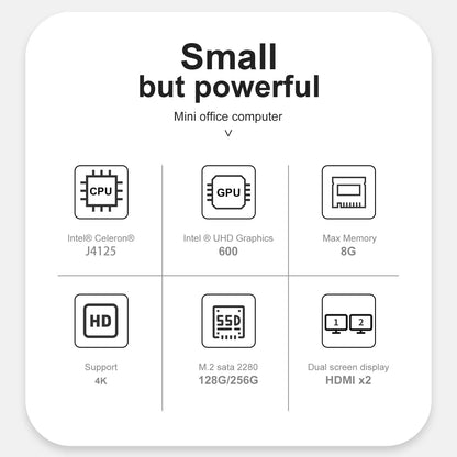 KUYiA Mini PC, desktop computer, Windows10, business gaming home office, 8GB RAM128G SSDCeleronJ4125 up to 2.7GHz processor, supports 4K HDMI Dual WiFi 2.4G + 5.8G Ethernet 1000M USB 3.0X4 BT4.0 - QUORE