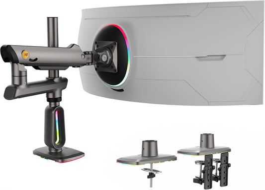 RGB Monitorhouder voor 32 tot 60 inch platte ultrabrede gebogen computerschermen, heavy duty beeldschermstandaard monitor arm 49 57 inch belasting. Max 20 kg, VESA 75 & 100 mm