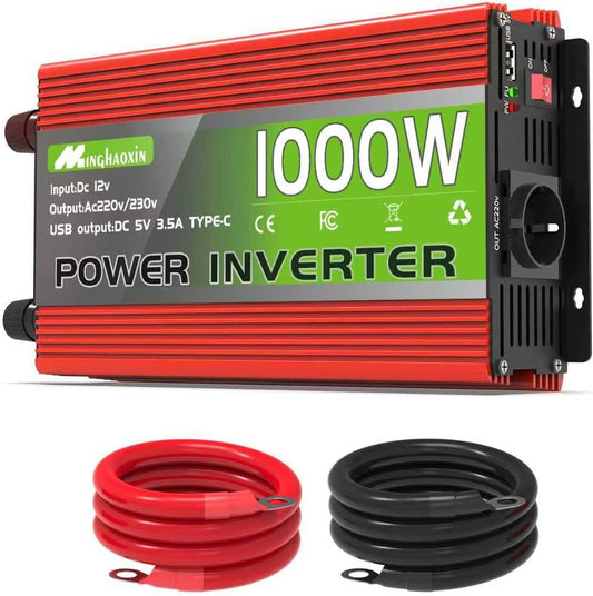 1000W inverter, 12V to 230V, with EU compatible sockets, USB ports and an LCD display, peak power 2000 watts for household appliances, campers, boa