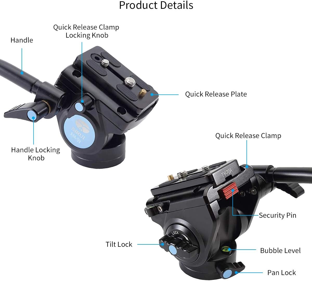 SIRUI AM-5V Fluid videokop, lichtgewicht, 360° panorama, draaibare kantelhoek met Arca Swiss snelkoppelingsplaat, draagkracht 3 kg, voor videocamera, DSLR-camera