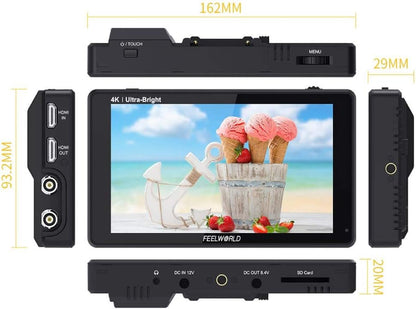 FEELWORLD LUT6S 2600Nit Camera Field Monitor 6 Inch TouchScreen 1920x1080 IPS Veldmonitor met 3G-SDI&4K HDMI Ingang/Loop Uitgang,3D LUT,HDR Golfvorm,Peak Focus DSLR Video Assist,Tilt Arm