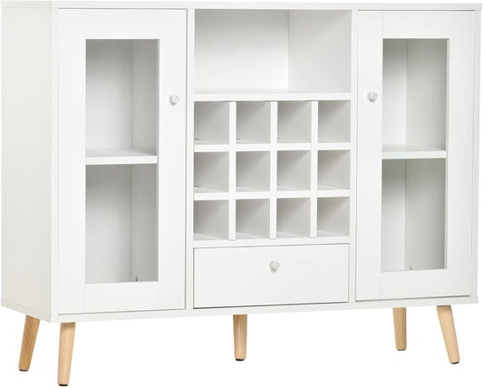 HOMCOM kitchen cabinet sideboard kitchen furniture with glass doors drawer and 12-bottles wine rack for living room and kitchen chipboard hardwood white 100 x 33 x 80 cm - QUORE