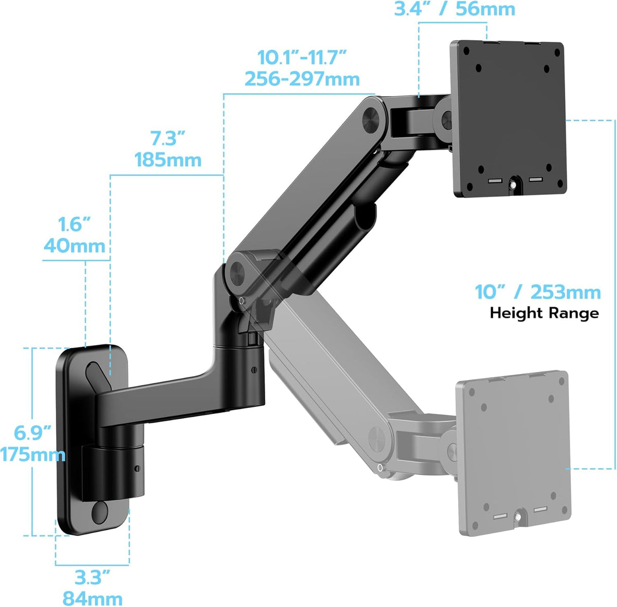 ARES WING Monitor muurbeugel voor 17-49 inch led/lcd-tv-scherm tot 20 kg, heavy duty monitorhouder, wand voor 1 beeldscherm, monitorarm, muurbevestiging met in hoogte verstelbaar, VESA 75/100, zwart