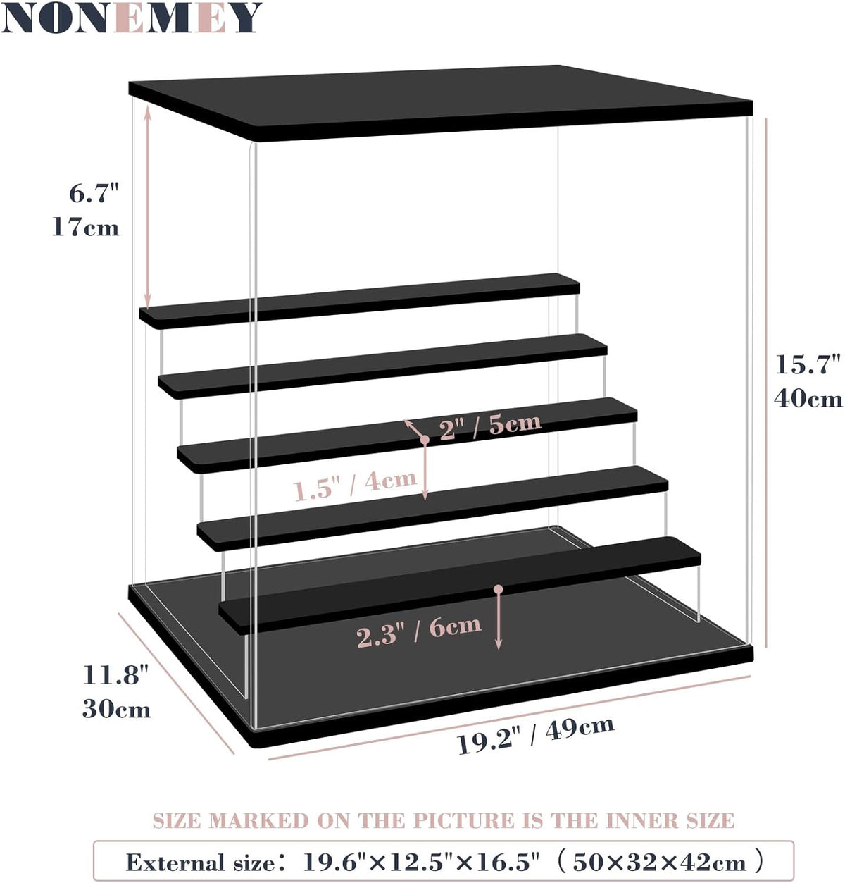 Nonemey Transparante Acryl Vitrinestandaard met Led Licht, 2/3/4/5/6 Lagen Opslag Vitrine Stofdichte Organisator Acryl Doos voor verzamelobjecten Beeldjes (Zwart, 6Tier-49*30*40 cm)