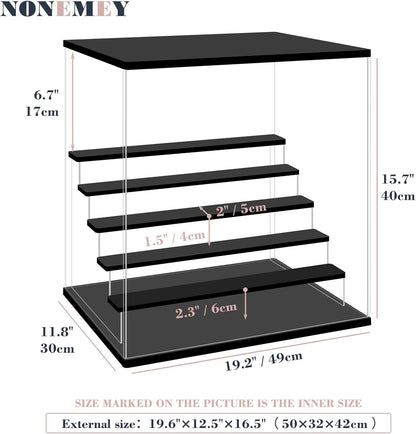 Nonemey Transparante Acryl Vitrinestandaard met Led Licht, 2/3/4/5/6 Lagen Opslag Vitrine Stofdichte Organisator Acryl Doos voor verzamelobjecten Beeldjes (Zwart, 6Tier-49*30*40 cm)