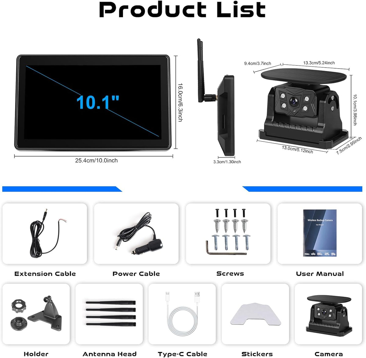 Hodozzy Draadloze camera met zonne-energie, 10,1 inch IPS touchscreen monitor met loopopname, 10000 mAh achteruitrijcamera met dodehoekwaarschuwing, spiegelinversie, waterdicht, nachtzicht, Type-C
