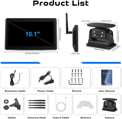 Hodozzy Draadloze camera met zonne-energie, 10,1 inch IPS touchscreen monitor met loopopname, 10000 mAh achteruitrijcamera met dodehoekwaarschuwing, spiegelinversie, waterdicht, nachtzicht, Type-C