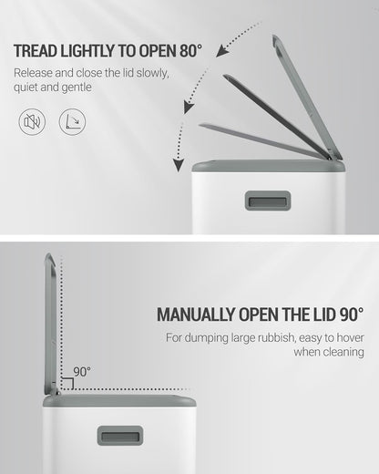 Hzuaneri Kitchen Trash Bin, Waste Separation System, 2 Compartments, 60 L (2 x 30 L), Stainless Steel Kitchen Trash Bin, Pedal Bin, Silent Slow Waste Bag, with 15 Exclusive Waste Bag, White