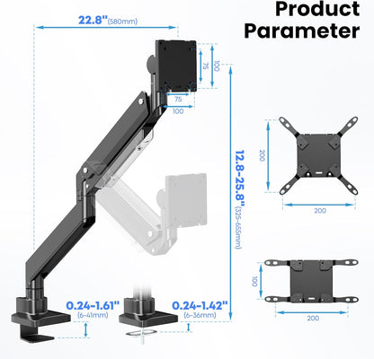 PUTORSEN 17-57 Inch Ultrawide Monitor Arm en TV Desk Mount, tot 27 kg, Premium Aluminium Single Monitor Arm Desk Mount met gasveer, stalen versterkingsplaat, VESA 75 x 75 tot 200 x 200 mm