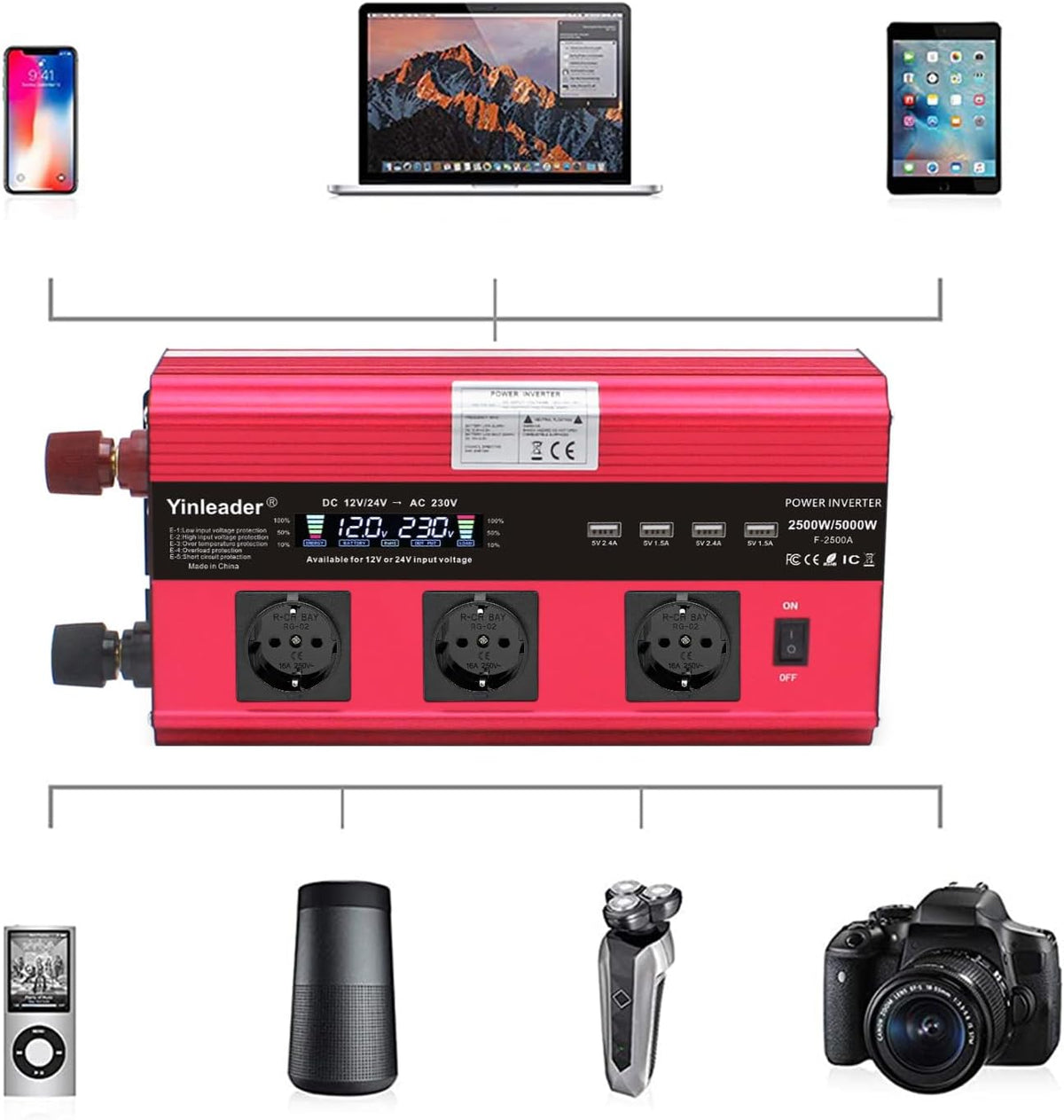 Yinleader 12V/24V naar 230V 2500W / 5000W omvormer LCD 3 EU stopcontacten 4 USB