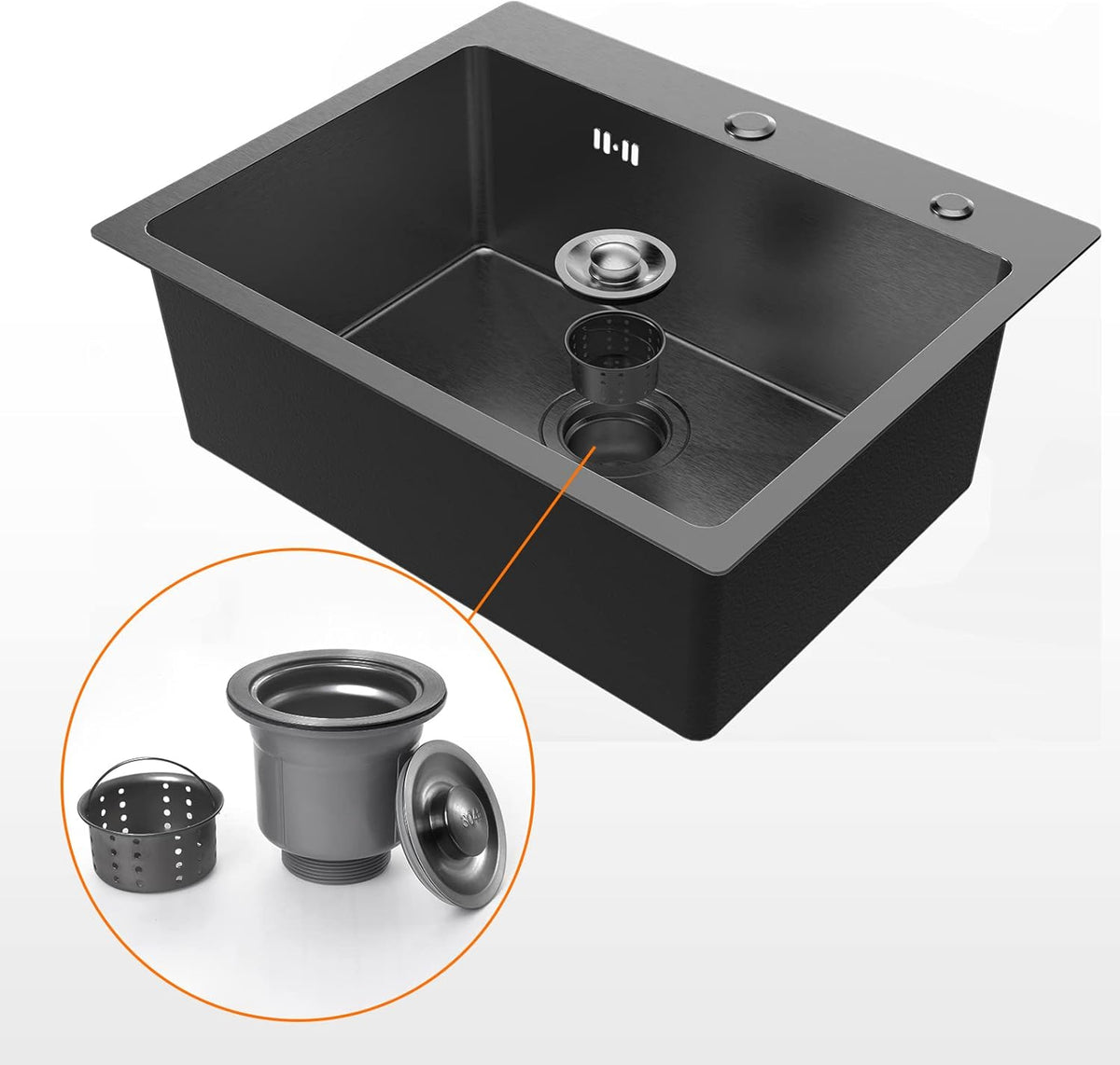 Ibergrif M85545B Spoelbak Keuken, Spoelbak met Afvoerfilter en Twee Bevestigingsgaten, Spoelbak Roestvrij Staal (55 x 45 cm), Zwart