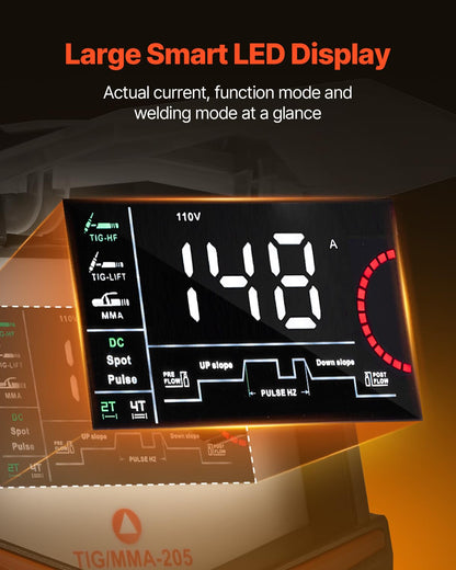 VEVOR TIG welding machine with 205 A and large LED display, TIG CC/TIG Impulse CC/MMA (stick), electric welding machine with double voltage 110 and 220 V with high frequency start of the IGBT inverter