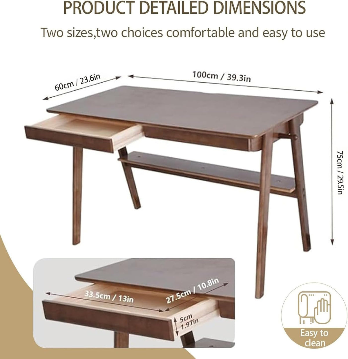 Massief Houten Bureau, Mid-Century Modern Design, Met 2 Lades en Onderplank, Ideaal voor Thuiskantoor (Houtkleur, 100 * 60)