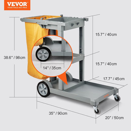VEVOR Professional Household Cart, 3 Floors, Cleaning Trolley, Polypropylene Washing with PVC Bag, Maintenance Car, Load, 90.7 kg, Liquid Movement, Storage, Maintenance Tools, Office, Hotel, Grey