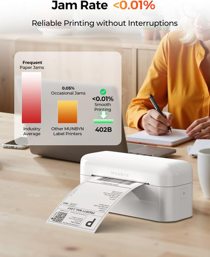 MUNBYN Bluetooth verzendlabelprinter, 4x6 thermische labelprinter voor kleine bedrijven, compatibel met iPhone, Android, Windows, macOS, Etsy, Shopify, eBay, Royal Mail, DHL, DPD, Evri, 402B, Wit