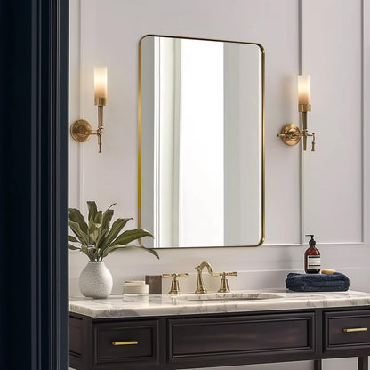 Gouden wandspiegel, 24x36 inch spiegel voor badkamer, geborsteld messing roestvrijstalen metalen frame met afgeronde hoek, rechthoek glazen paneel wandgemonteerde spiegel voor decoratie van badkamer,