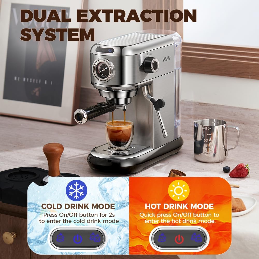 CAFELFFE MK-601 20-bar espressomachine met melkopschuimer en manometer, warm-/koudfunctie, 1450 W snelzetvermogen, 2-in-1 machine, compatibel met gemalen koffie en 44 mm ESE-pads