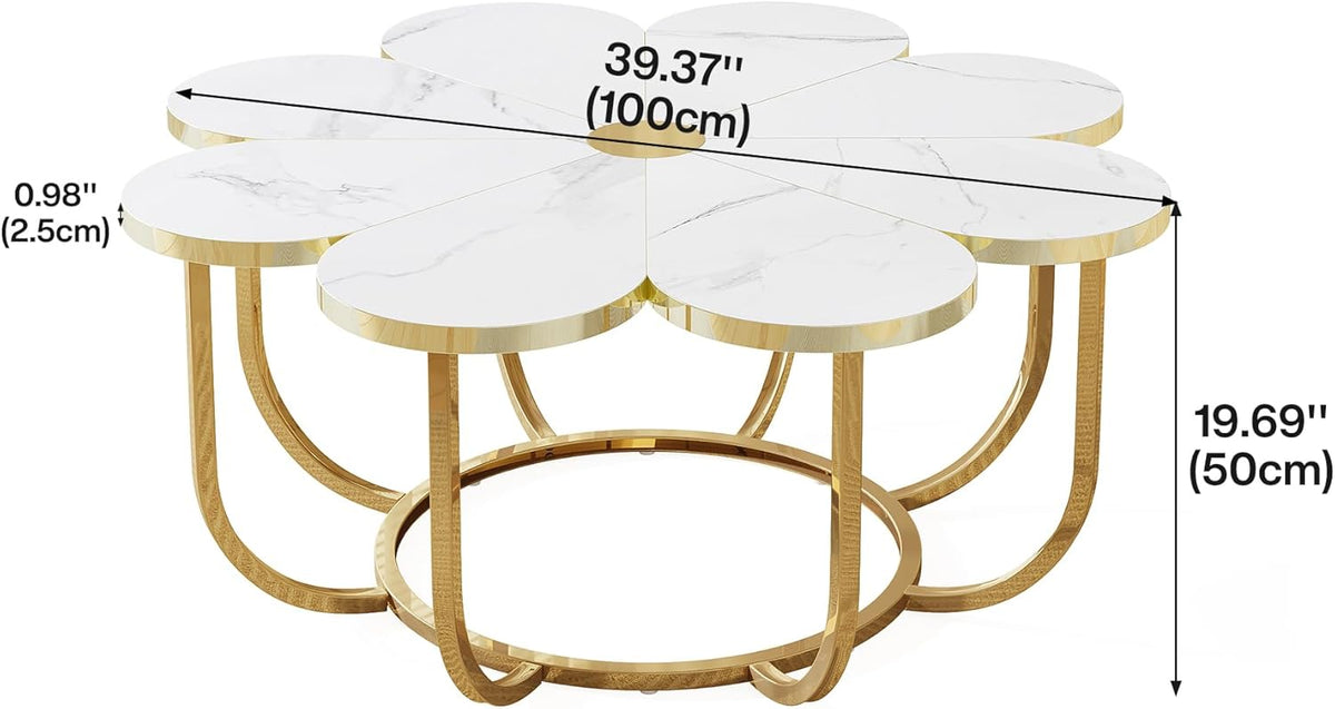 Tribesigns White and Gold Coffee Table, Modern Flower Shaped Coffee Table with Imitation Marble Top, 100cm Large Floral Accent Table with Metal Frame