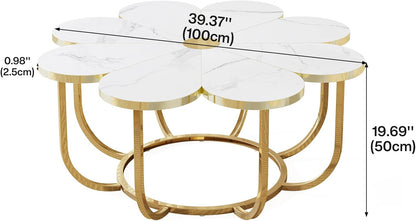 Tribesigns White and Gold Coffee Table, Modern Flower Shaped Coffee Table with Imitation Marble Top, 100cm Large Floral Accent Table with Metal Frame