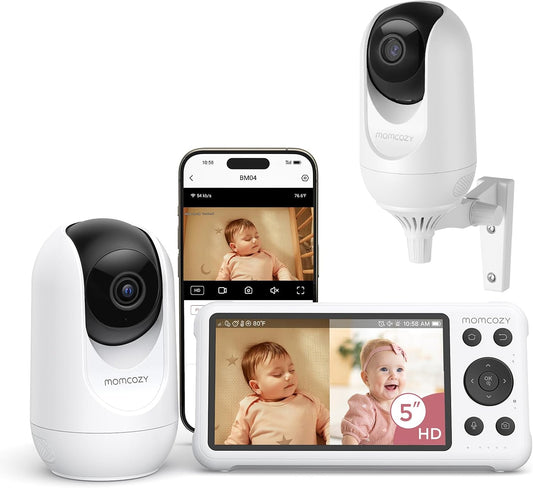 Momcozy Babyfoon Met 2-Camera App, 12,7 cm Wi-Fi Video Babyfoon Met Camera En Audio, 4× Zoom, Bewegings- En Huilherkenning, Veilige Zone, Heldere Nachtzicht, Tweeweggesprek, Foto- En Video-opname