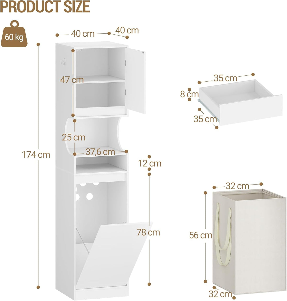 Hzuaneri BC43013X Bathroom Cabinet with Laundry Basket, Laundry Cabinet with 1 Drawer and Open Storage, Bathroom Cabinet with Laundry Collector for Bathroom, Utility Room, 40 x 40 x 174 cm, White
