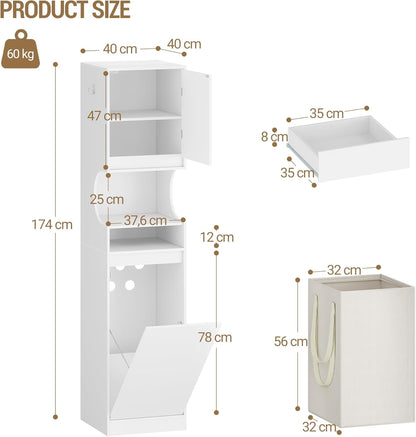 Hzuaneri BC43013X Bathroom Cabinet with Laundry Basket, Laundry Cabinet with 1 Drawer and Open Storage, Bathroom Cabinet with Laundry Collector for Bathroom, Utility Room, 40 x 40 x 174 cm, White