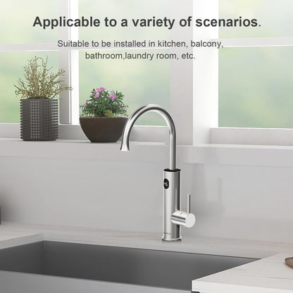 Waterkraan met doorstroomboiler, 220 V, elektrische waterkraan, 360 graden roteren en digitaal display, warmwaterkraan met universeel mondstuk, zilver