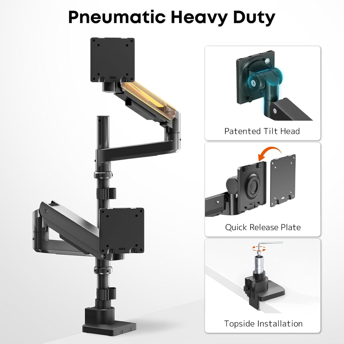 PUTORSEN 17-57 inch monitorhouder, 2 monitoren, gasveer, dubbele monitoren, tafelhouder, in hoogte verstelbaar, draaibaar, gewicht 2-20 kg per arm, VESA 75/100 mm