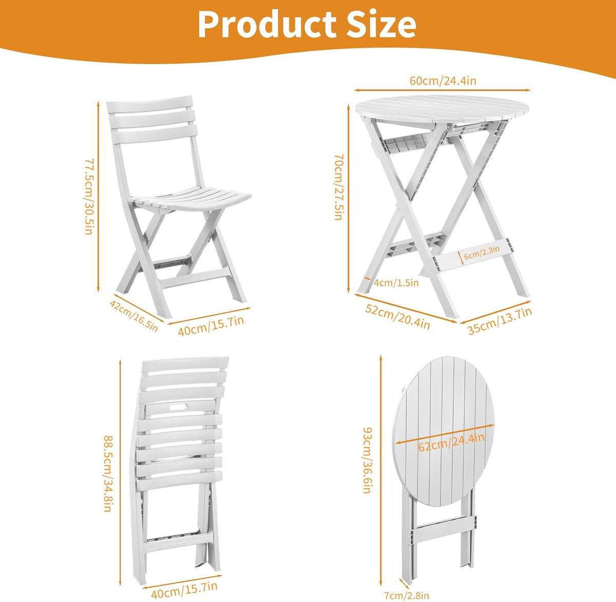 Plastic opvouwbare bistroset, 3-delige terrasbistroset, draagbare binnentafel en stoelen met rugleuning, opvouwbare terrasmeubelset voor balkon, veranda, achtertuin, tuin, zwembad (wit)