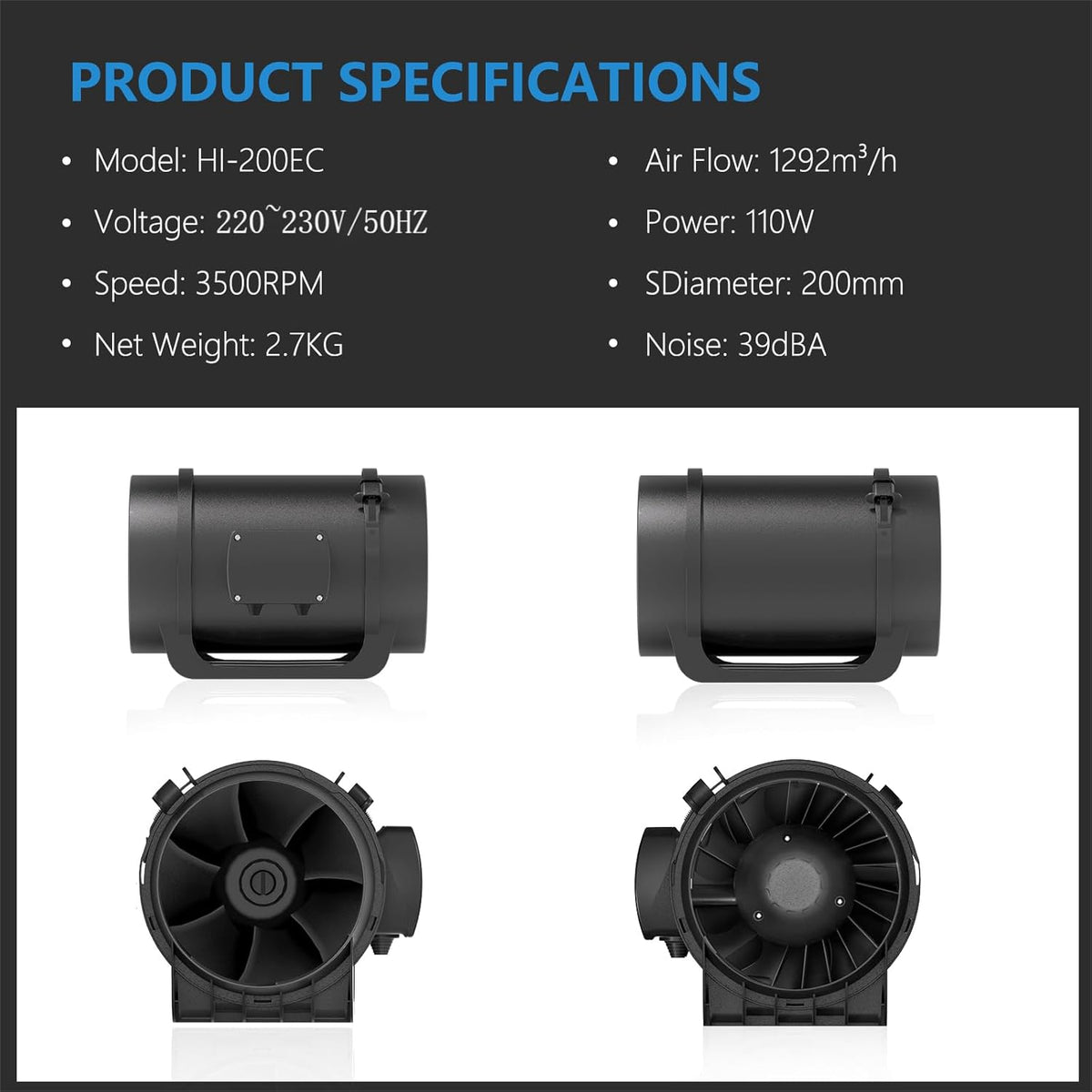 Buisventilator 200 mm – Kanaalventilator – Afvoerventilator – Inline Buisventilator – Ventilator Met Regelaar – 1292 M³/Uur Luchtstroom – Stille EC-Motor Met Variabele Snelheidsregeling