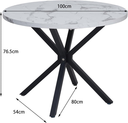 Round dining table in marble look, modern kitchen table with metal legs for dining room, kitchen, living room, etc. (white/black) - QUORE