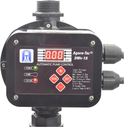 Agora-Tec® Pompbesturing, drukschakelaar, doorstroombewaker, bekabeld (in- en uitschakeldruk instelbaar) met droogloopbeveiliging, overdrukbewaking, lekweergave