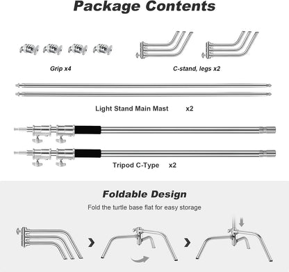 Soonpho Set van 2 C-statieven, heavy-duty staal, C-standaard van roestvrij staal, zilver, 330 cm, verstelbare lichtstandaard voor Studio softbox reflector, lichtstatief voor Godox AD200 Pro SK400II