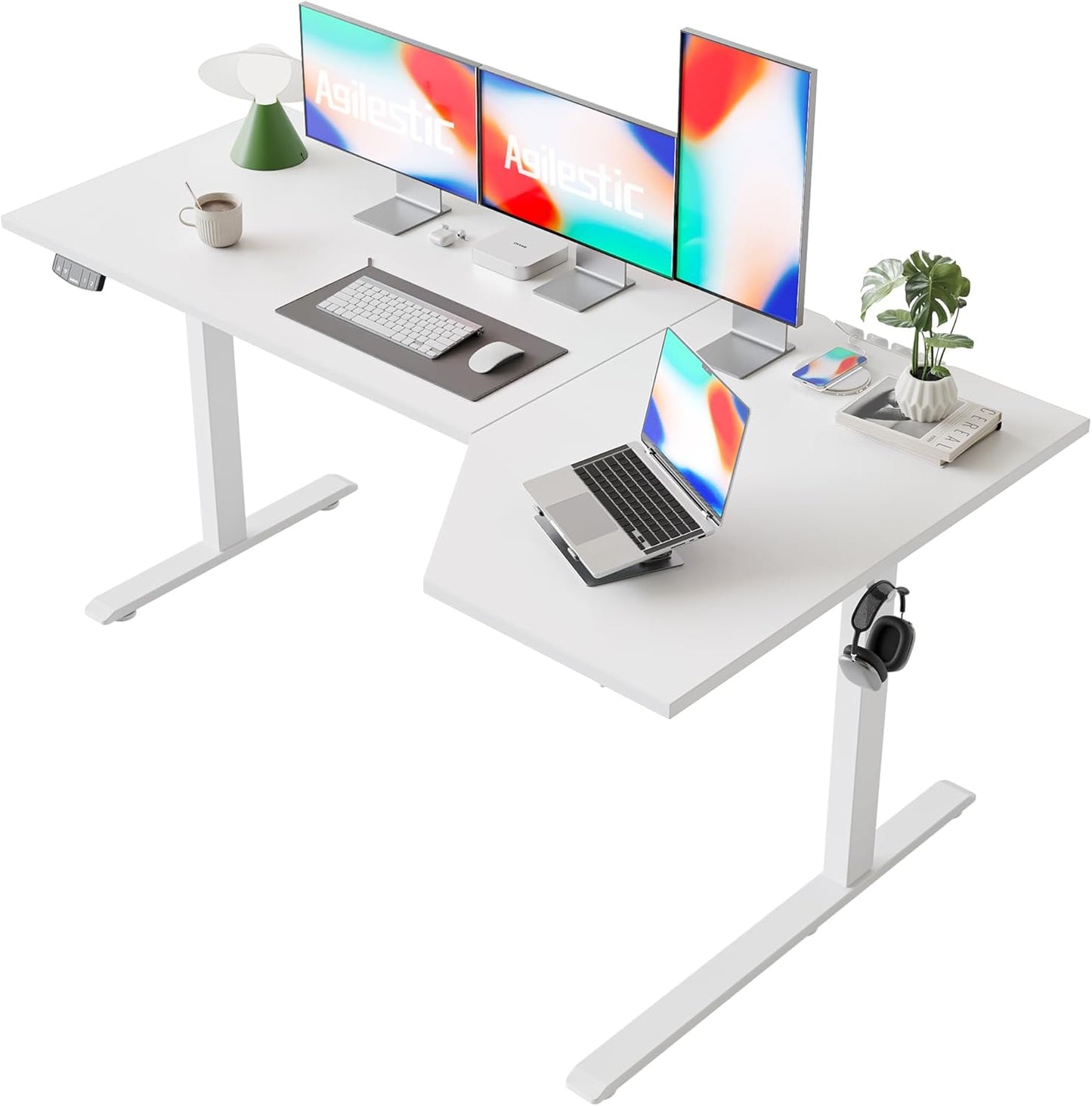 Agilestic Elektrisch sta-bureau 160 cm in L-vorm, in hoogte verstelbaar om thuis staand of zittend te werken, ergonomisch computerbureau, wit