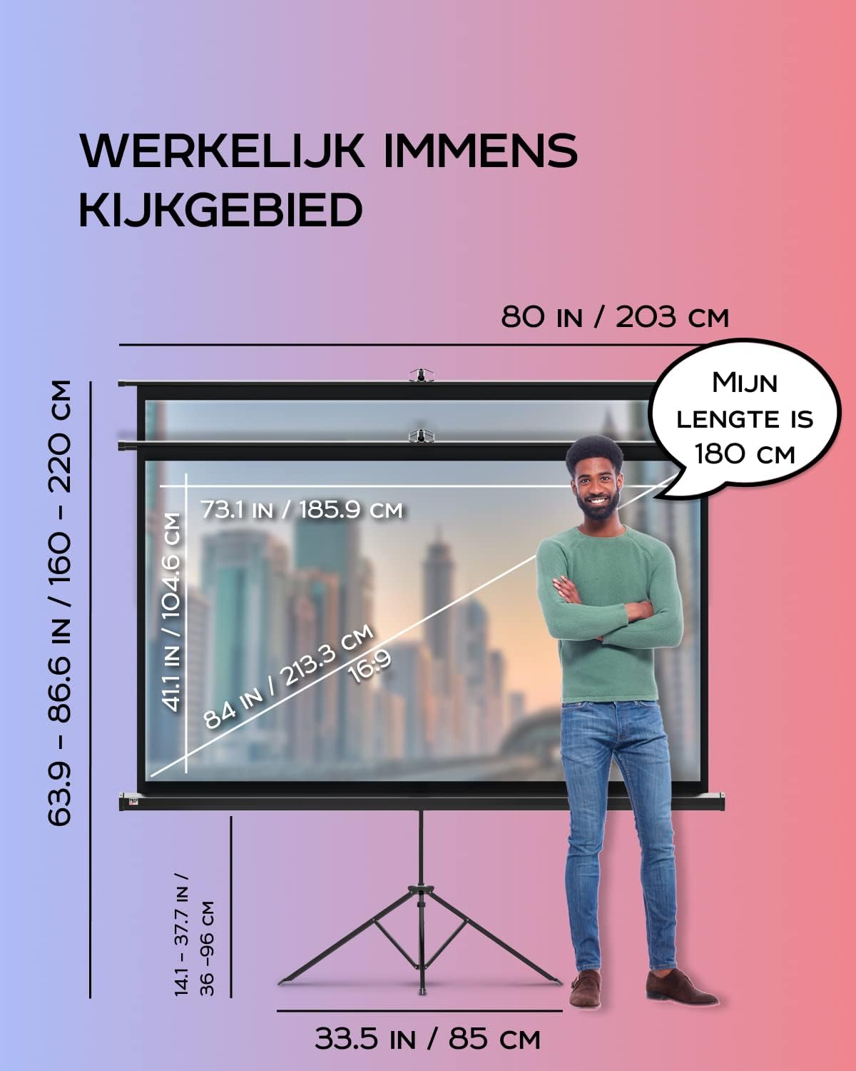 PropVue Projectorscherm met standaard, 84 inch (ca. 213 cm), 16:9 HD premium kreukvrij statiefscherm voor projector, met draagtas en strakke riemen