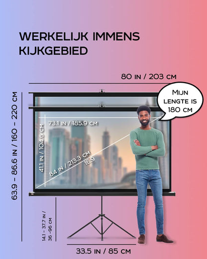 PropVue Projectorscherm met standaard, 84 inch (ca. 213 cm), 16:9 HD premium kreukvrij statiefscherm voor projector, met draagtas en strakke riemen