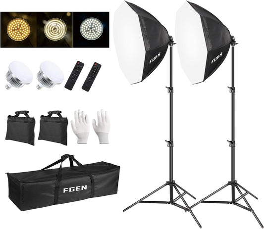 FGen Softbox Licht, Octagonale Softbox met 120W verstelbare LED-lamp 3000-6500K, 2 meter dik Light Stand geschikt voor fotostudio fotografie, YouTube, Tiktok video-opname