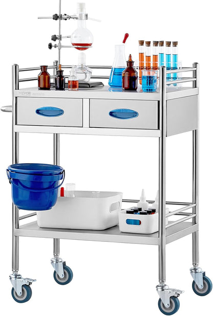 VEVOR Medische trolley met 2 lagen en 2 laden, 59,9 x 42,9 x 85,1 cm, laboratoriumwagen van roestvrij staal, metalen wagen met 4 omnidirectionele wielen voor klinieken, spa en hotels