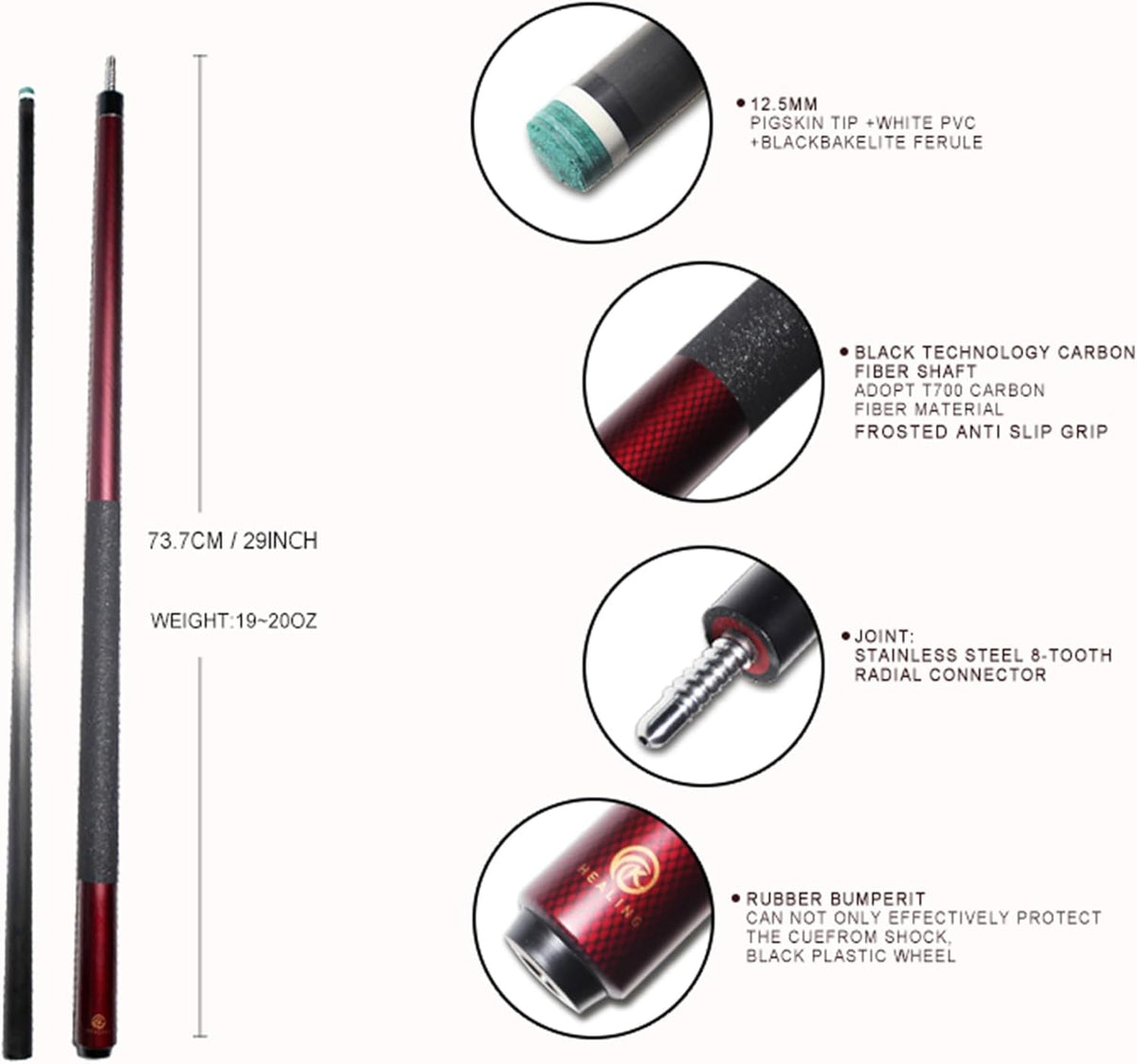 KHEALING Carbon Fiber Pool Keu, 12,5 mm kop, goede taaiheid, professionele pool keu, 147 cm keu, geschikt voor biljartkamer en thuisentertainment