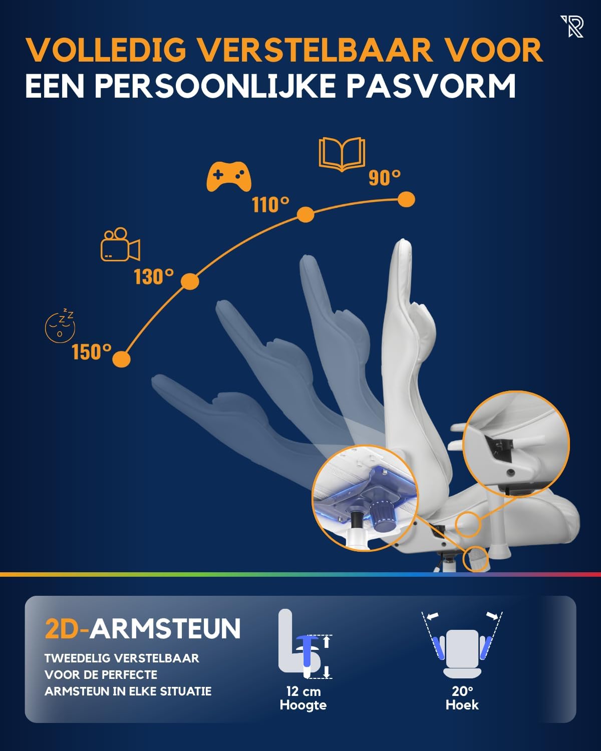 Felix gamestoel - 360° bureaustoel, Verstelbare Armleuningen, Verstelbare Rugleuning, Afneembare en verstelbare kussens, Ergonomische Gaming Chair, Stabiel Metalen onderstel, Gaming Stoel - Wit