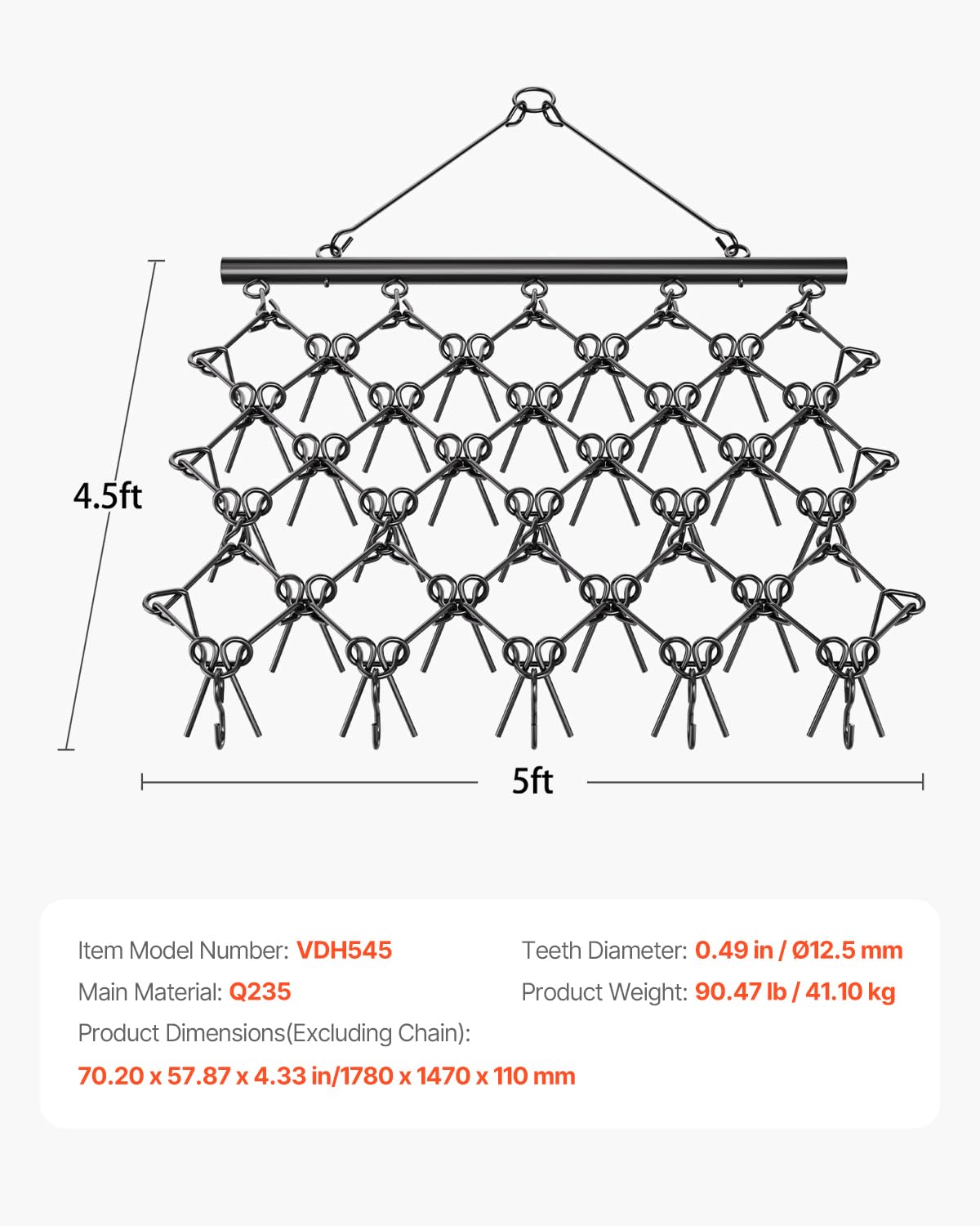 VEVOR Meadow harrow, 178 x 147 x 11 cm, 60 tooth pasture drag, suitable for ATV and UTV tractors, for soil preparation, sowing, grading landscapes and maintenance of gravel driveways