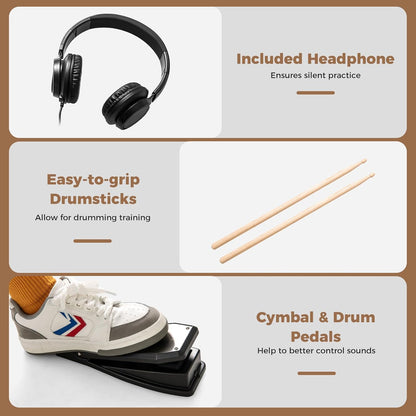FANTASK Elektronische drumsets, opvouwbaar met mesh-pads, 150 geluiden en 10 demo's, metronoom en USB MIDI, 2 pedalen en 2 drumsticks, 7-delig e-drumstel voor kinderen, volwassenen