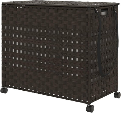 Wasmand Met Wieltjes – Wasbak – Laundry Basket – Wascontainer – Wasmand Rattan – Handgeweven Rattan & 3 Vakken – Inclusief Wielen Met Remmen